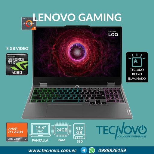 Laptop LENOVO LOQ 15ARP9 AMD RYZEN 7 7435HS 24GB 1TB-SSD RTX 4060 8GB 15.6" FHD