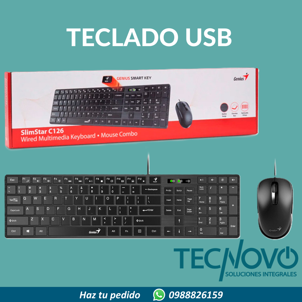 Teclado Mouse COMBO GENIUS SLIMSTAR C126 USB NEGRO SMART KEY MOUSE  DX-125