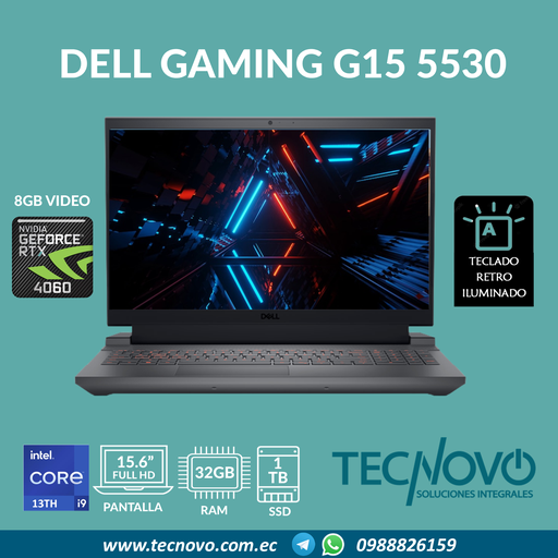 Laptop DELL Gaming G15 5530 I9-13900HX 32GB 1TB-SSD RTX-4060 8GB 15.6" FHD