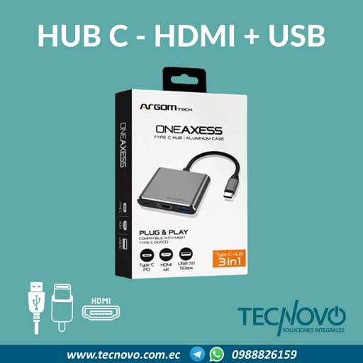 HUB ARGOM Oneaxess USB-C a HDMI, USB 3.0 y USB-C PD