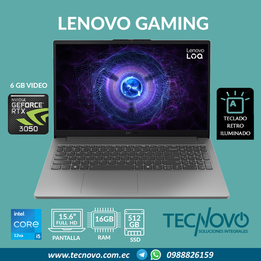 Laptop LENOVO LOQ 15IAX9E Intel Core I5-12450HX 16GB 512GB-SSD RTX 3050 6GB 15.6" FHD 