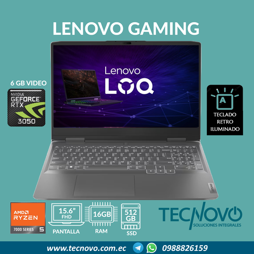 Laptop LENOVO LOQ 15ARP9 AMD RYZEN 5 7235HS 12GB 512GB-SSD RTX 3050 6GB 15.6" FHD