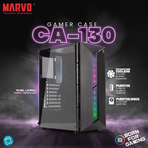 Case MARVO CA-130 Black + 3 Ventiladores FN10BL 