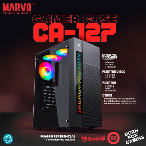Case MARVO CA-127 Black + 3 Ventiladores FN10BL 