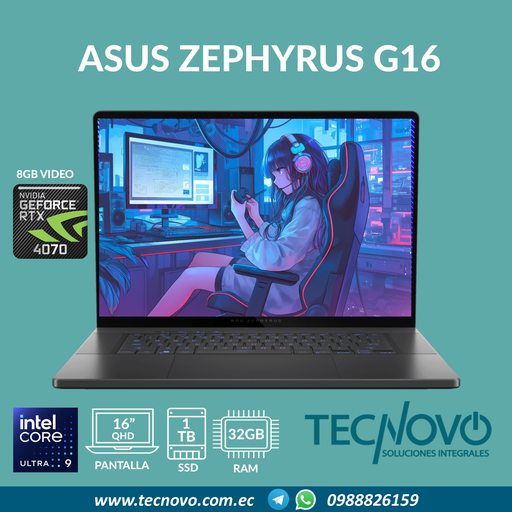 Laptop ASUS ROG Zephyrus G16 Intel ULTRA 9 32GB DDR5 1TB SSD RTX-4070 8GB 16" 2.5K 240HZ