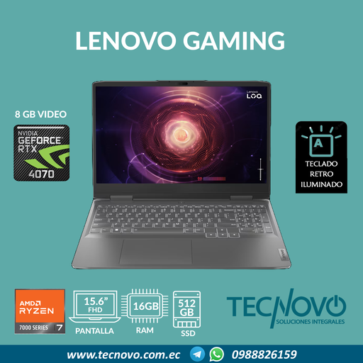 Laptop LENOVO LOQ 15 AMD RYZEN 7 7435HS 16GB 512GB-SSD RTX 4070 8GB 15.6" FHD 144Hz