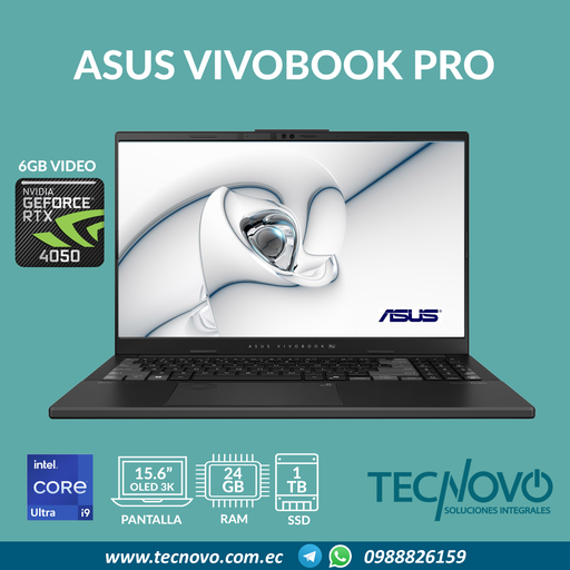Laptop Asus Vivobook Pro N6506 Ultra 9 285H 24GB DDR5 1TB-SSD VID-6GB RTX 4050 15.6" 3K OLED AI