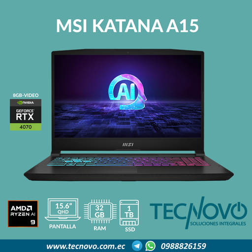 Laptop MSI Katana A15 AMD Ryzen 9 8945HS 32GB 1TB-SSD RTX 4070-8GB 15,6" QHD 165Hz