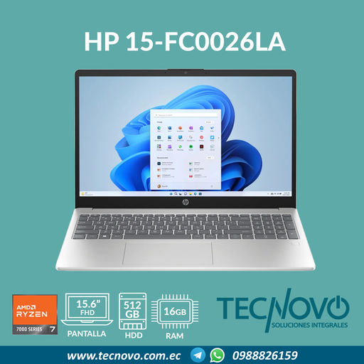 Laptop HP 15-fc0026la AMD Ryzen 7 7730U 16GB 512GB-SSD 15.6" MOCHILA + AURICULARES