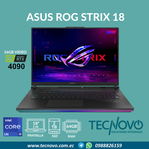 Laptop Asus ROG Strix 18 I9-14900HX 64GB 2TB SSD RTX-4090 16GB 18" 2.5K + Mochila