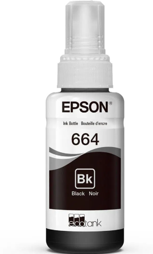 Tinta EPSON Original T664 Negro para modelos L110, L120, L121, L200, L210, L220, L300, L310, L350, L355, L365, L375, L380, L395, L396, L455, L475, L495, L555, L565, L575, L606, L655, L656, L1300, L1455