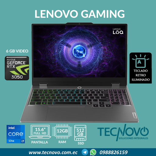 Laptop LENOVO LOQ 15IRX9 Intel I7-13650HX 12GB 512GB-SSD RTX 3050 6GB 15.6" FHD