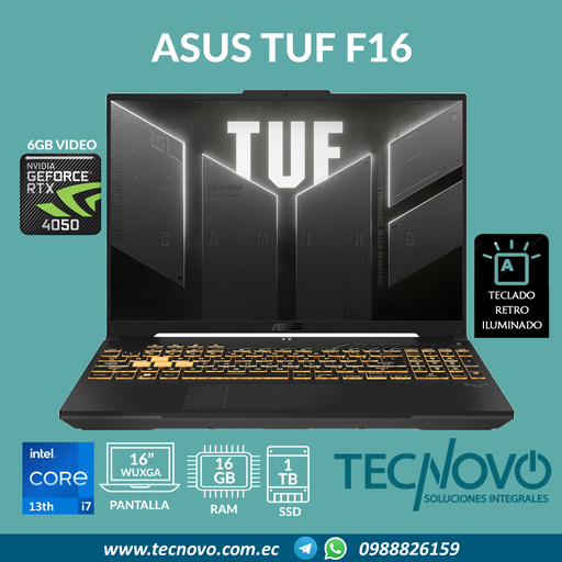 Laptop ASUS TUF Gaming F16 FX607VU Intel I7-13620H 16GB 1TB-SSD RTX 4050 6GB 16" FHD 144Hz + MOCHILA