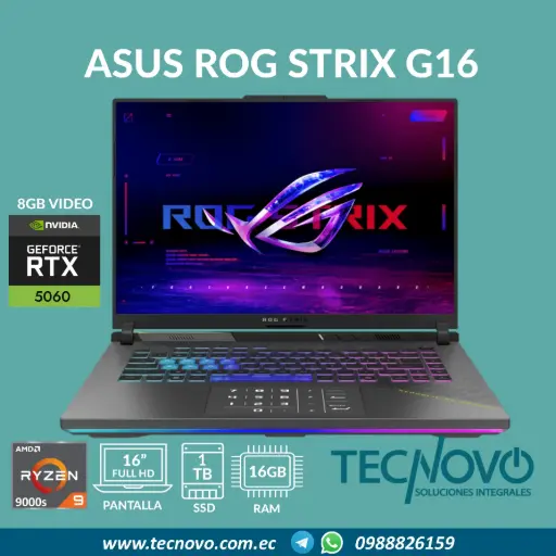 Laptop ASUS ROG Strix G16 AMD R9-9955HX 16GB 1TB SSD RTX-5060 8GB 16" 2.5K