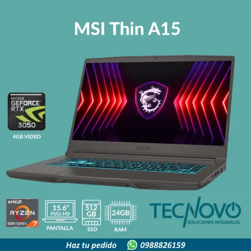 Laptop MSI Thin A15 AMD Ryzen 7 7735HS 16GB DDR5 512GB-SSD RTX 3050-4GB 15.6" FHD