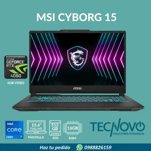 Laptop MSI Cyborg 15 A12VE Intel Core 7 240H 16GB DDR5 512GB-SSD RTX 4050-6GB 15,6" FHD 144Hz