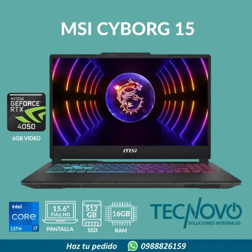 Laptop MSI Cyborg 15 Intel Core I7 13620H 16GB  512GB-SSD RTX 4050-6GB 15,6" FHD 144Hz