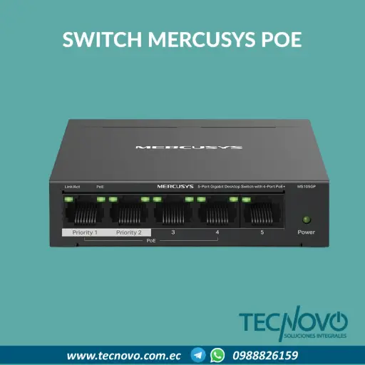 Switch MERCUSYS MS105GP / 5 Puertos Gigabit / 4 PoE / Metal
