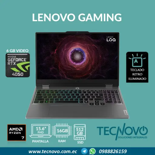 Laptop LENOVO LOQ 15AHP9 AMD RYZEN 7 8845HS 16GB 512GB-SSD RTX 4050 6GB 15.6" FHD 144Hz