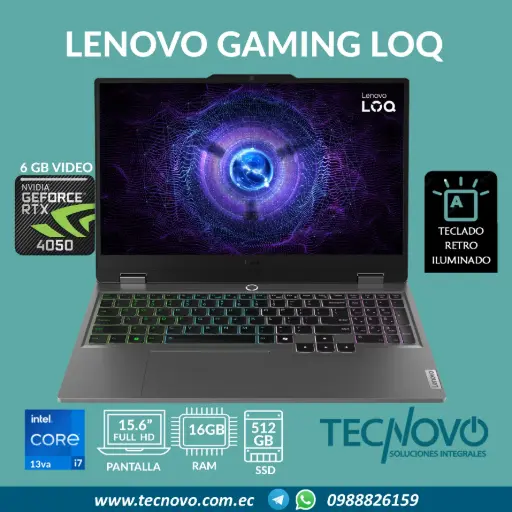 Laptop LENOVO LOQ 15IRX9 Intel I7-13650HX 16GB 512GB-SSD RTX 4050 6GB 15.6" FHD 144Hz