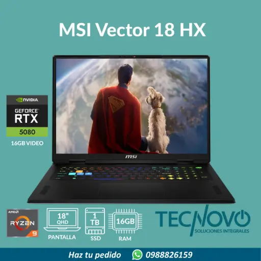 Laptop MSI Vector A18 HX AMD Ryzen 9-8940HX 16GB 1TB-SSD RTX 5080-16GB 18" QHD 240Hz