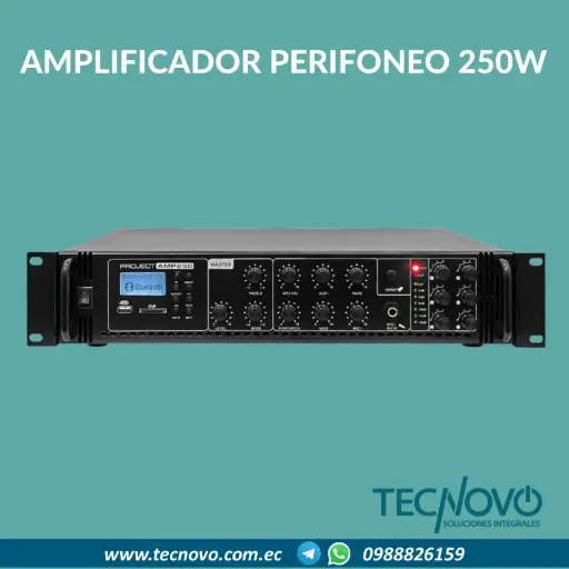 Amplificador perifoneo 250 watts 6 zonas BT/USB/FM