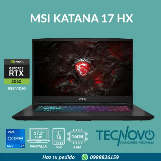 Laptop MSI Katana 17 HX I7-14650HX 16GB 1TB-SSD RTX 5060-8GB 17.3" QHD 240Hz