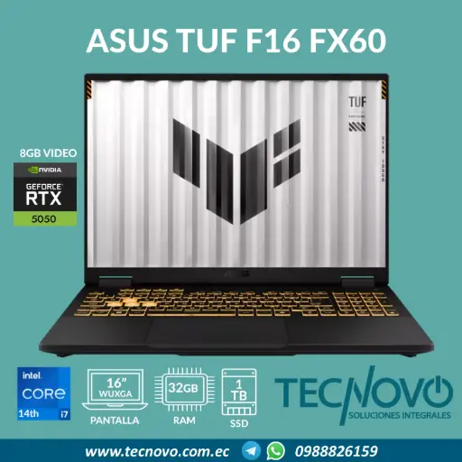 Laptop ASUS TUF Gaming F16 FX608JMR Intel Core I7-14650H 32GB 1TB-SSD RTX-5050 8GB 16" WUXGA 165Hz