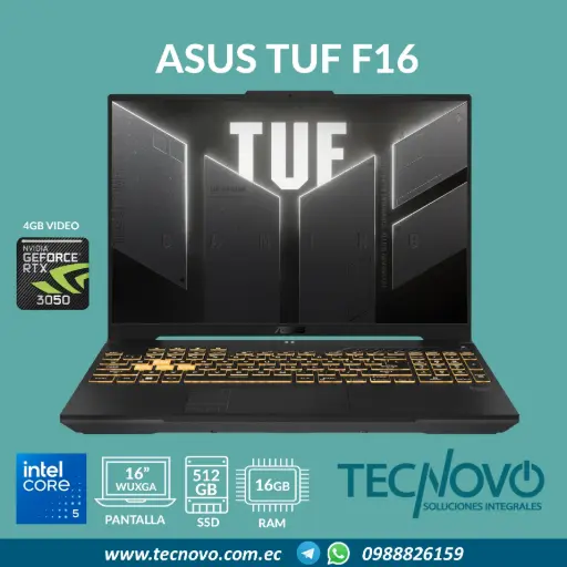 Laptop ASUS TUF Gaming F16 FX607VJ Intel Core 5-210H 16GB 512GB-SSD RTX 3050 4GB 16" FHD 144Hz + MOCHILA