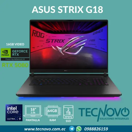 Laptop Asus ROG Strix Scar G18 Intel Core Ultra 9-275HX 64GB 2TB SSD RTX-5080 16GB 18" 2.5K 240Hz + Mochila