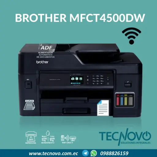 Impresora BROTHER MFCT4500DW Multifunción Color WIFI ADF DUPLEX RED A3