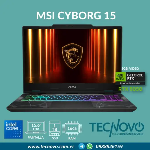 Laptop MSI Cyborg 15 Intel Core 7 240H 16GB  1TB-SSD RTX 5050-8GB 15.6" FHD 144Hz