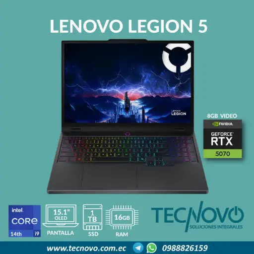 Laptop LENOVO LEGION 5 Intel Core I9-14900HX 16GB 1TB-SSD RTX 5070-8GB 15.1" OLED WQXGA