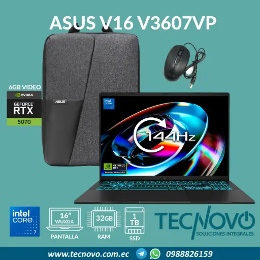 Laptop ASUS V16 V3607VP Intel Core 7-240H 32GB 1TB-SSD RTX-5070 8GB 16" WUXGA + MOCHILA 