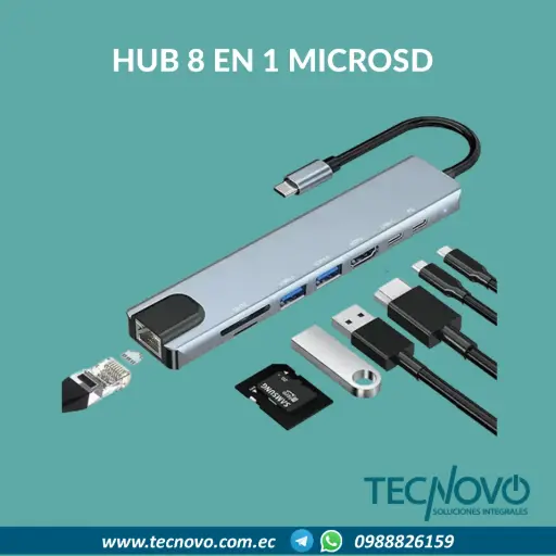 HUB KOUVOLSEN Multipuertos USB-C 8 EN 1 A USB-C USB-3.0 ETHERNET HDMI MICROSD