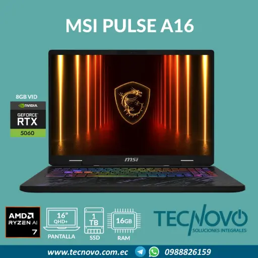 Laptop MSI Pulse A16 AI AMD Ryzen AI 7 350 16GB DDR5 1TB-SSD RTX 5060-8GB 16" QHD+ 240Hz