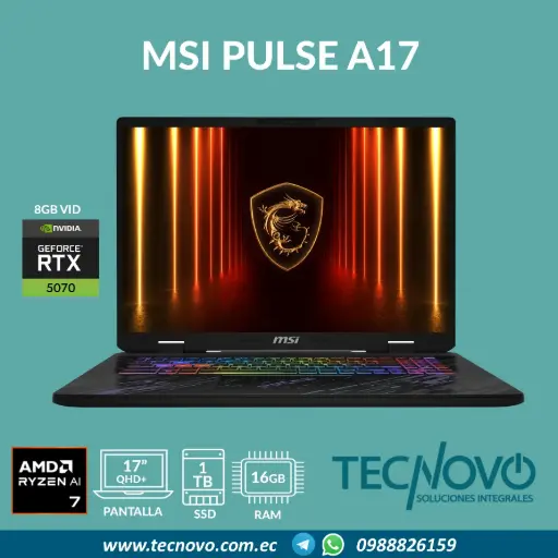 Laptop MSI Pulse A17 AI AMD Ryzen AI 7 350 16GB DDR5 1TB-SSD RTX 5070-8GB 17" QHD+ 240Hz