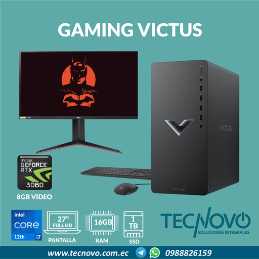Computador Gaming HP Victus I7-12700F 16GB 1TB SSD Vid 8GB RTX-3060 + Monitor Gamer LG 27"